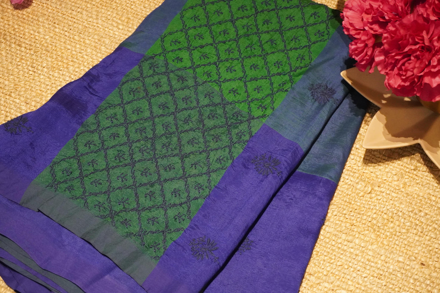 Chikankari handloom silk cotton saree in Indigo and green shades