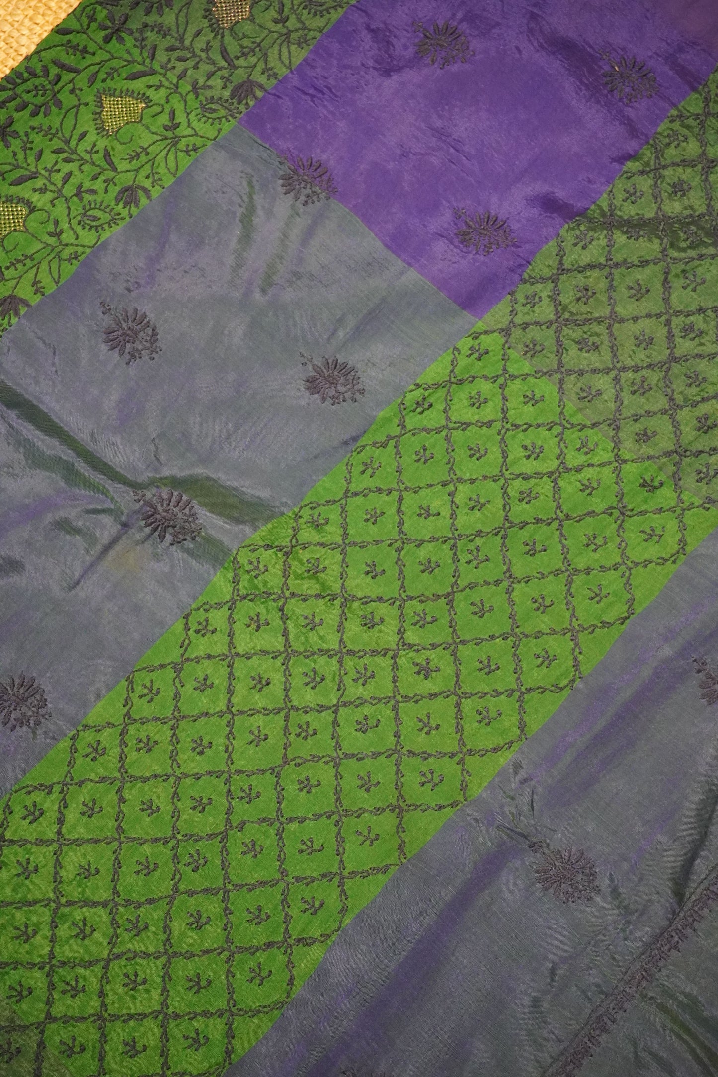 Chikankari handloom silk cotton saree in Indigo and green shades