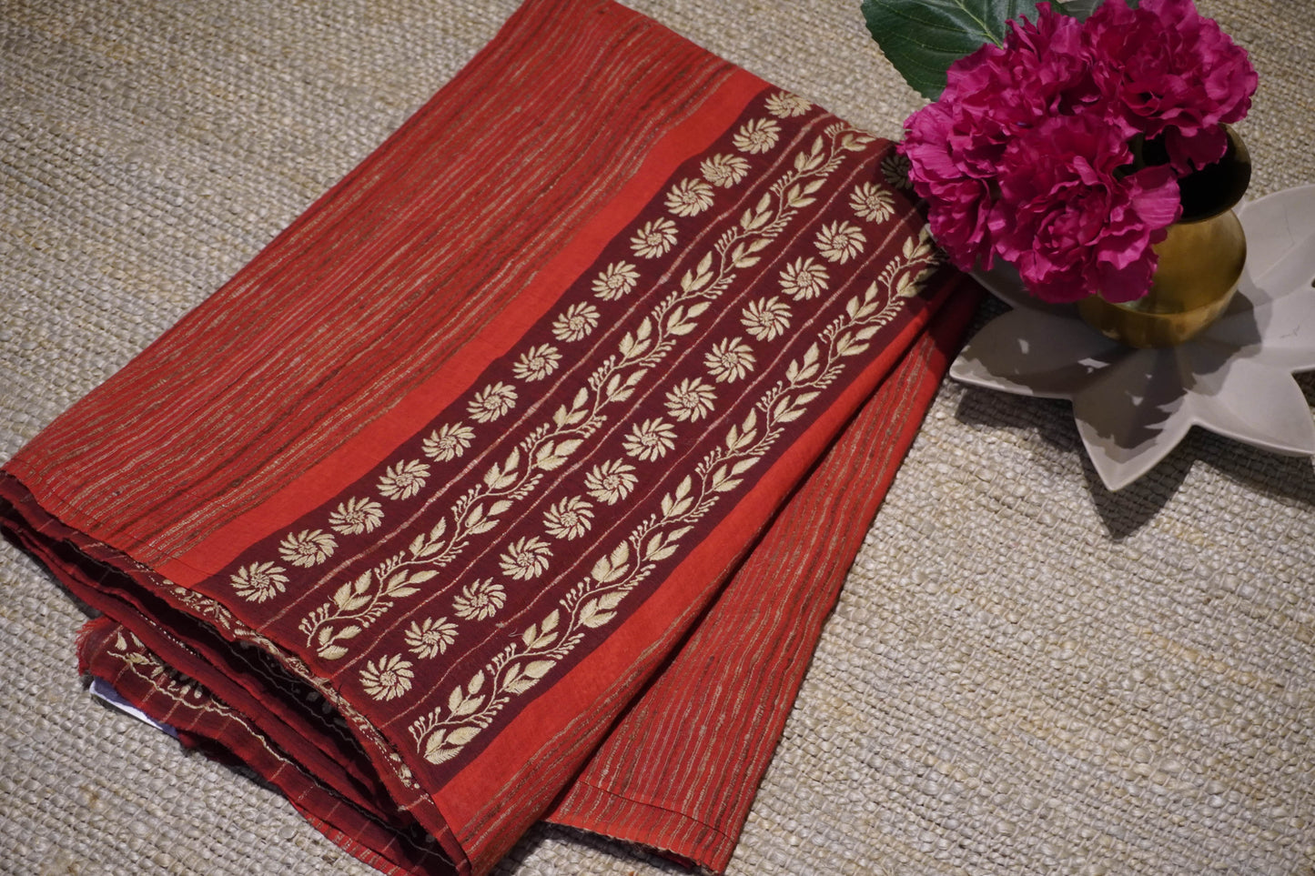 Chikankari handloom maroon saree with complete hand embroidery