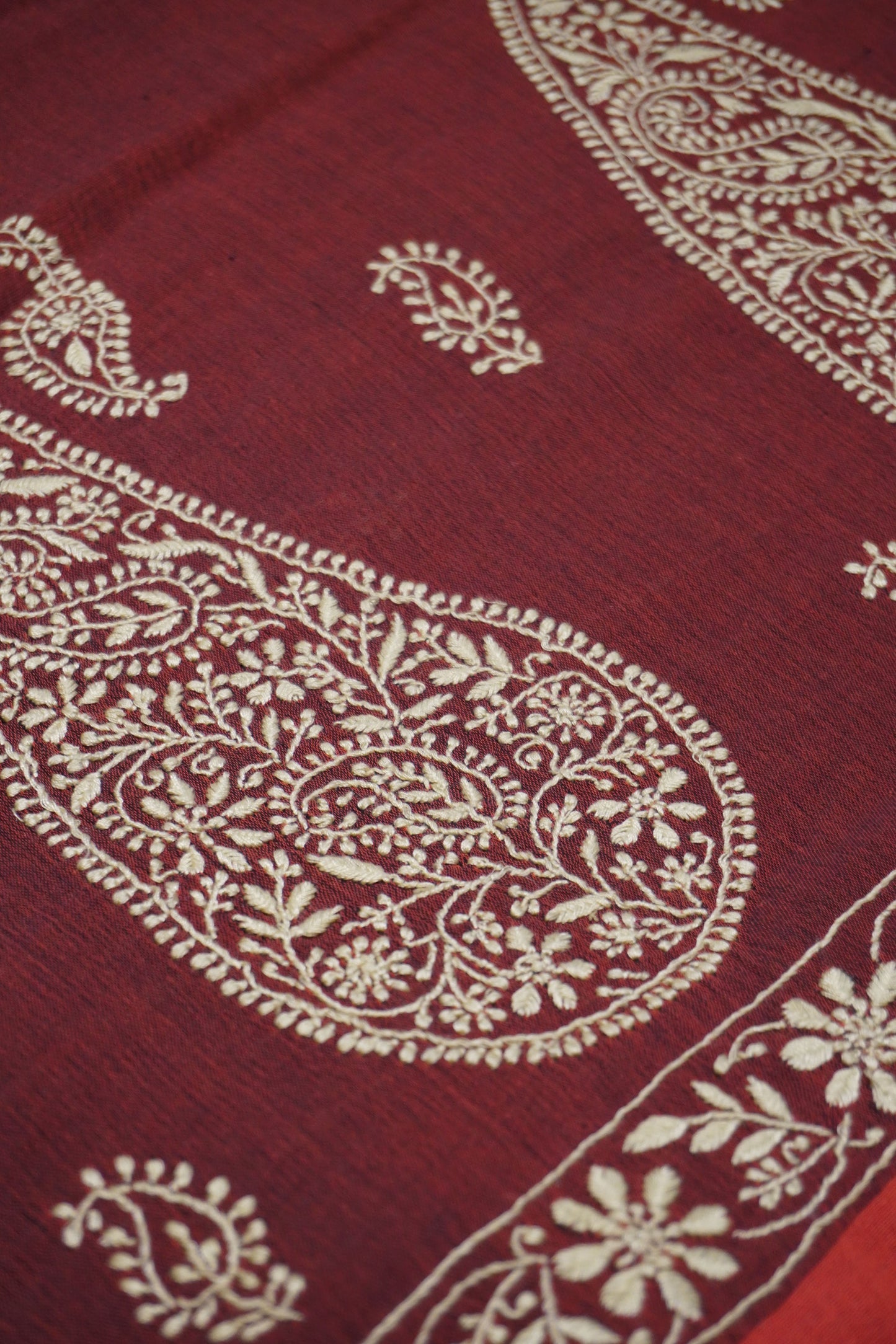 Chikankari handloom maroon saree with complete hand embroidery