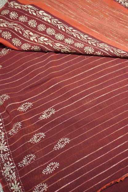 Chikankari handloom maroon saree with complete hand embroidery