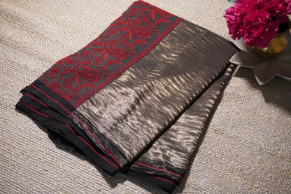 Chikankari Chanderi handloom grey black saree