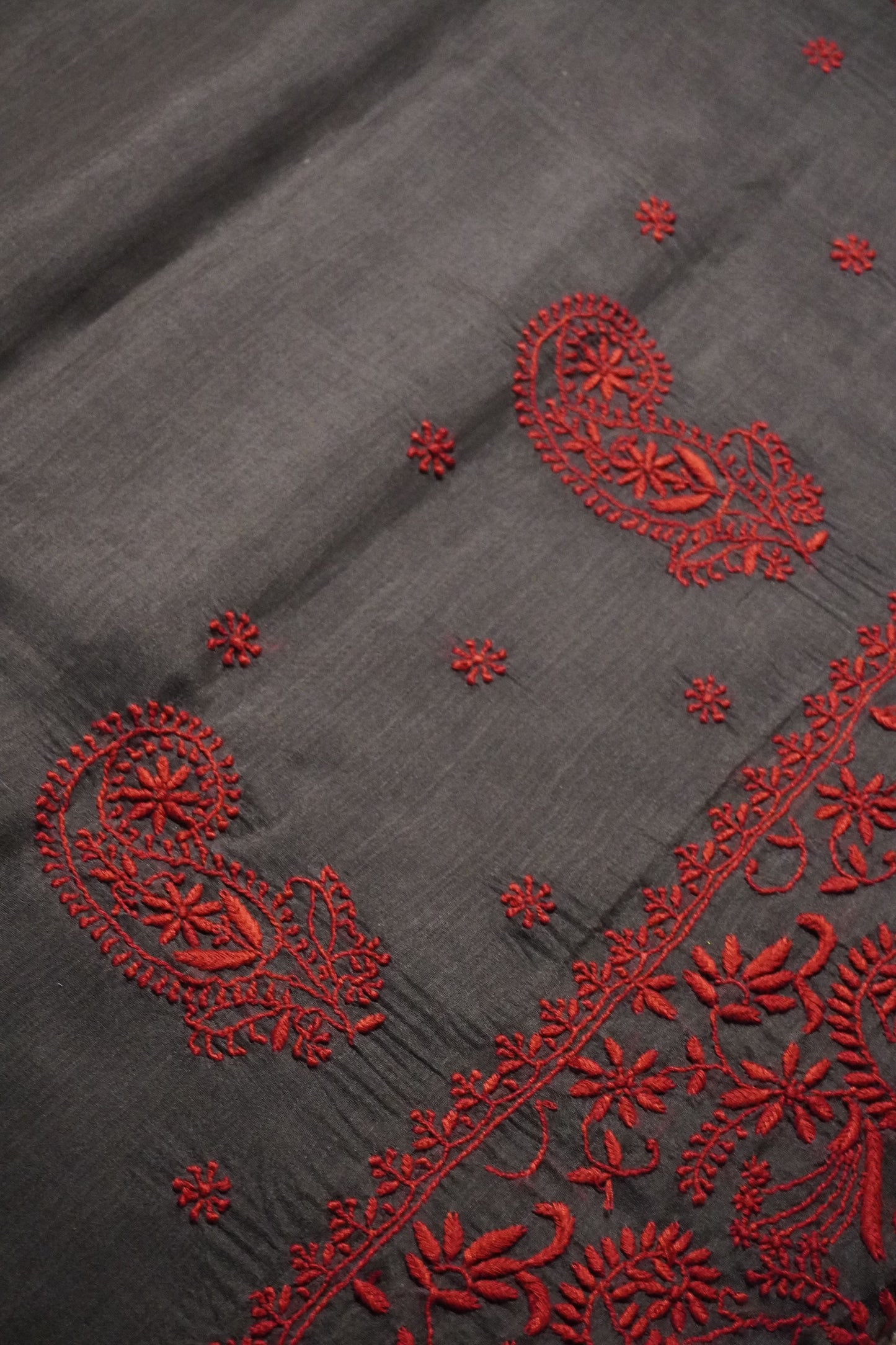 Chikankari Chanderi handloom grey black saree