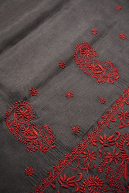 Chikankari Chanderi handloom grey black saree