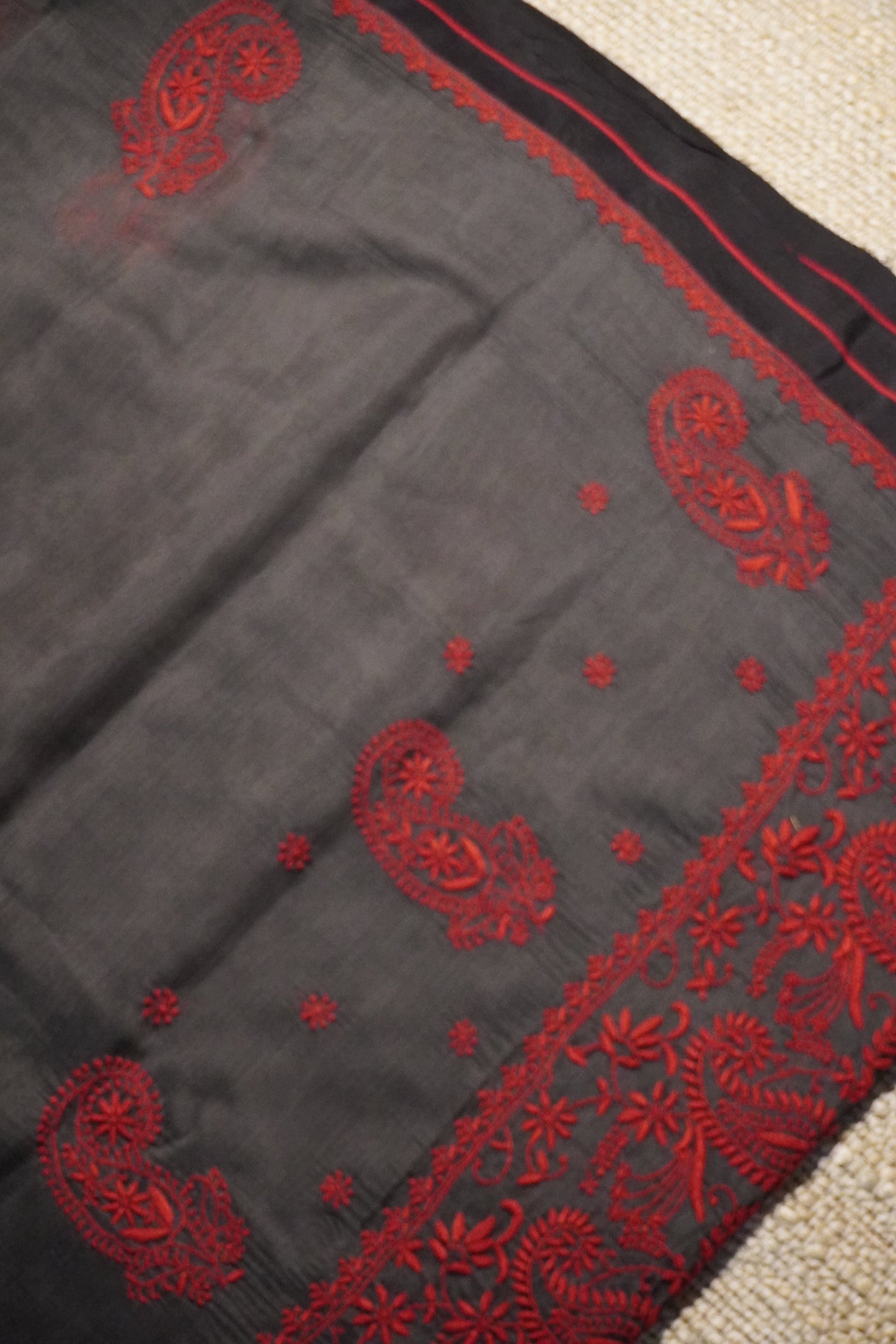 Chikankari Chanderi handloom grey black saree