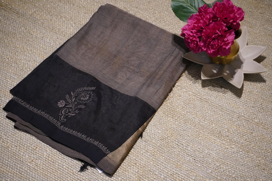 Chikankari cotton silk handloom black beige saree