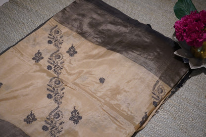 Chikankari cotton silk handloom black beige saree