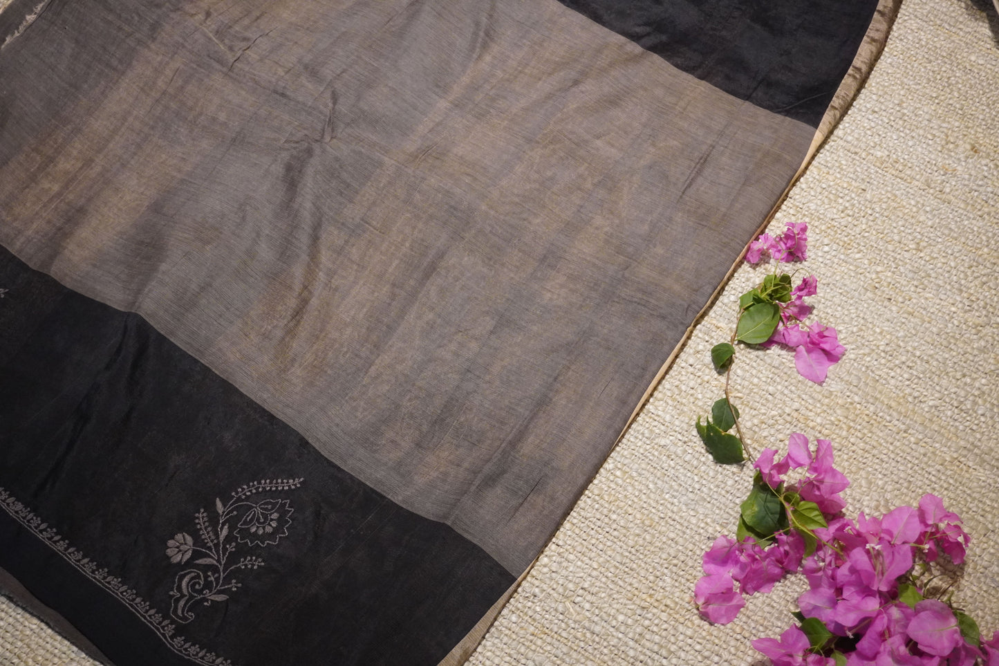 Chikankari cotton silk handloom black beige saree