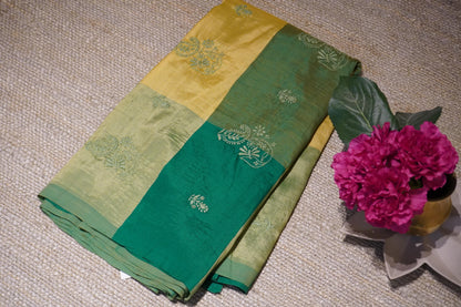 Chikankari cotton silk handloom mango yellow and green saree