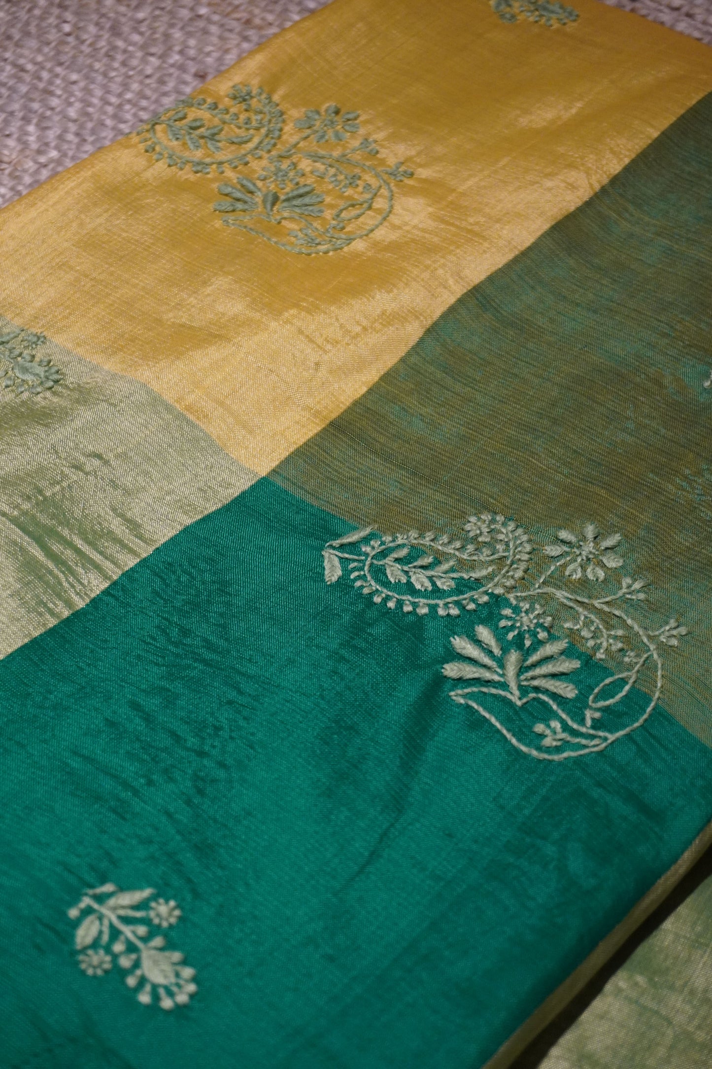 Chikankari cotton silk handloom mango yellow and green saree