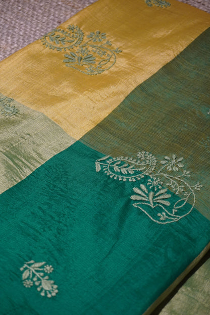 Chikankari cotton silk handloom mango yellow and green saree