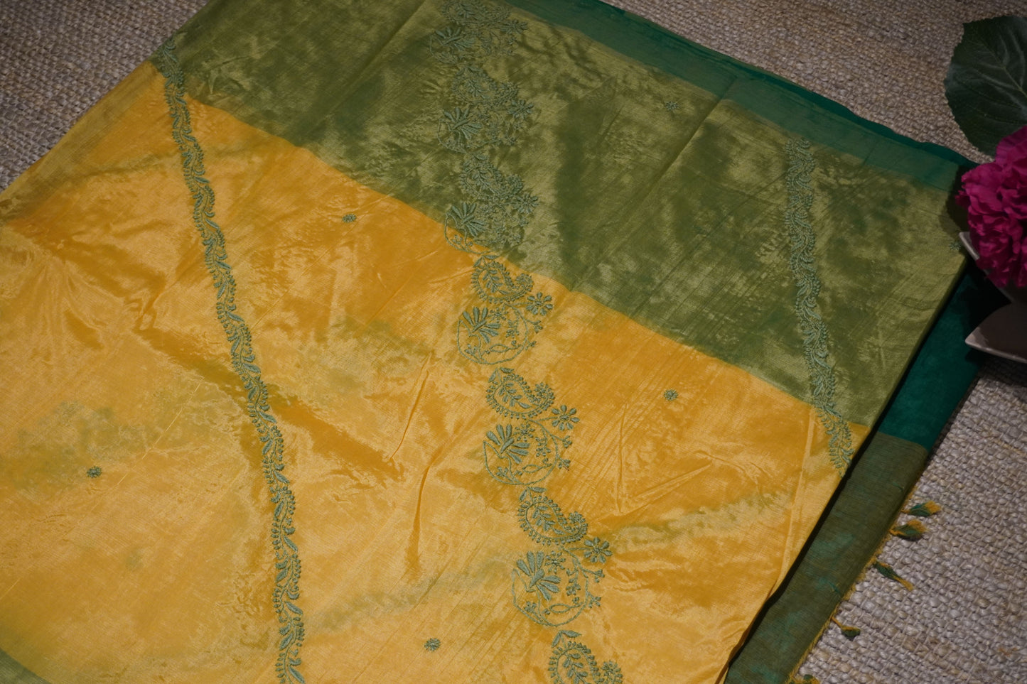 Chikankari cotton silk handloom mango yellow and green saree