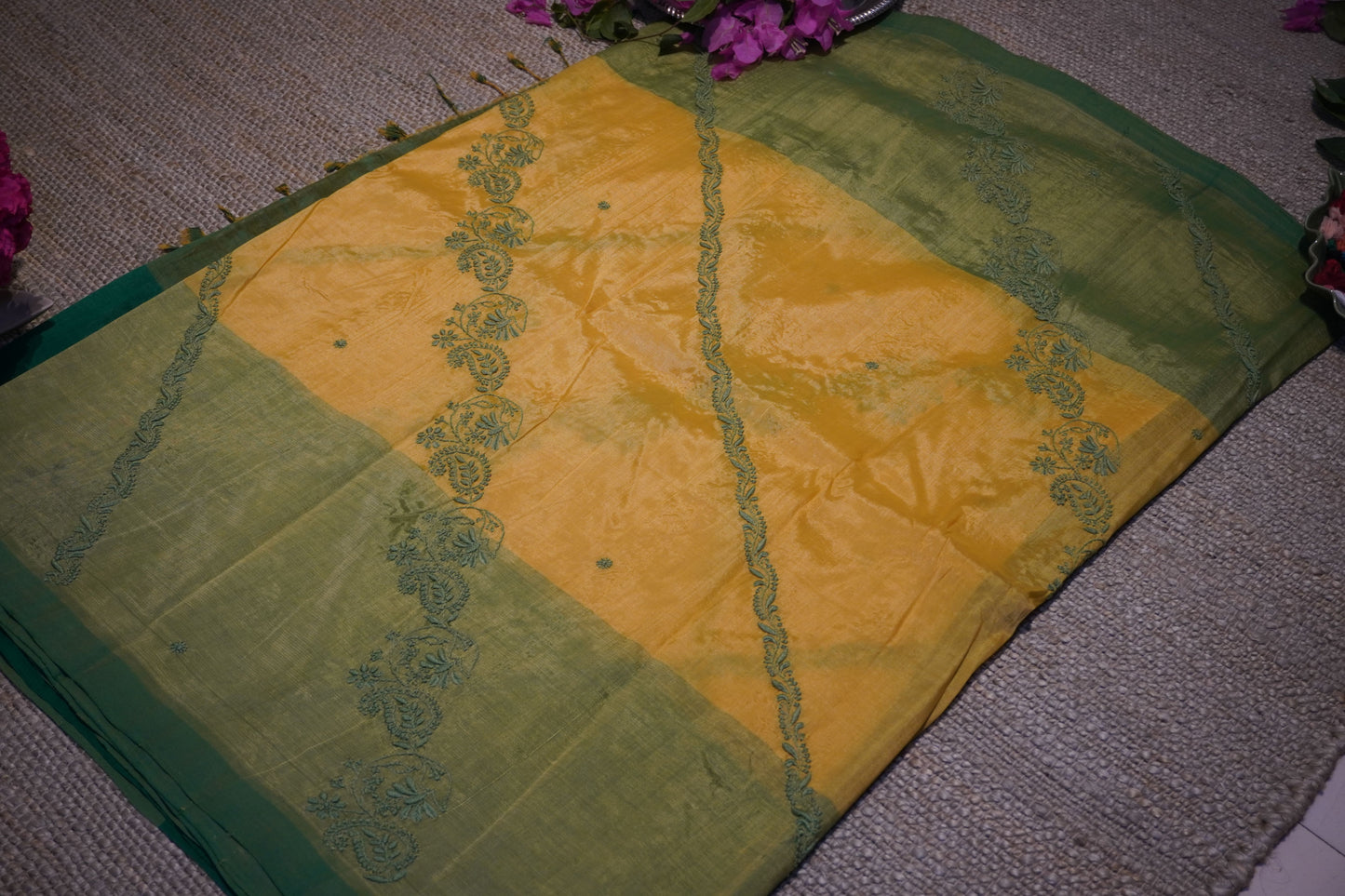 Chikankari cotton silk handloom mango yellow and green saree