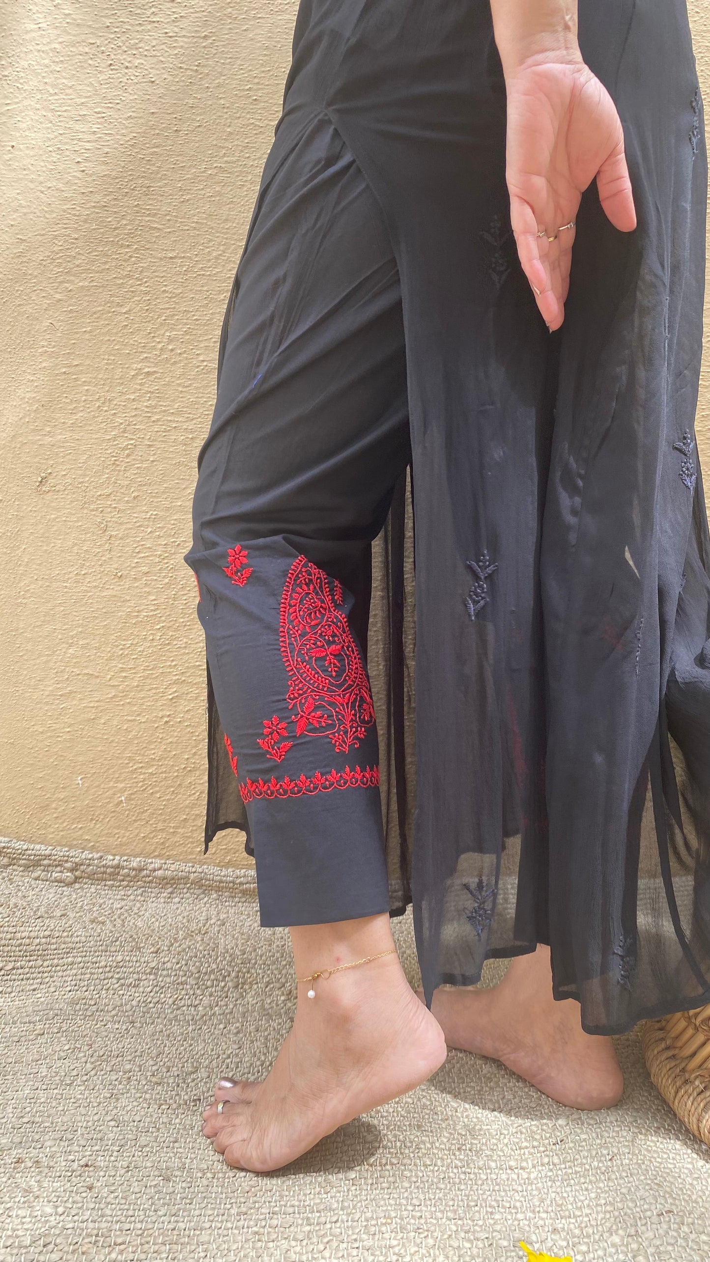 Black cotton straight pants with red chikankari embroidery