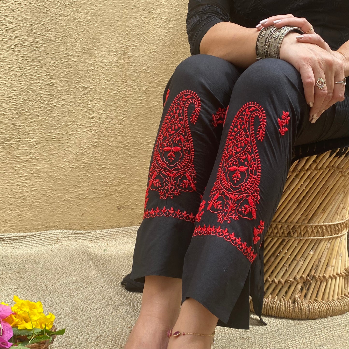 Black cotton straight pants with red chikankari embroidery