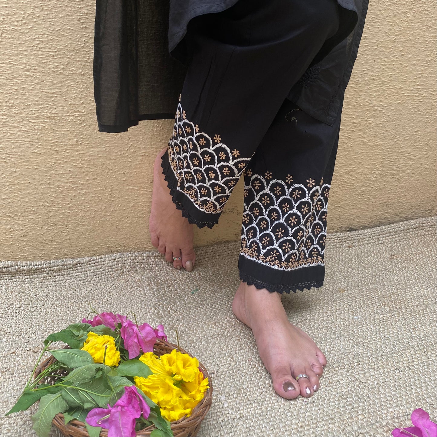 Black cotton pants with fish scale and flower design in Beige and White Chikankari