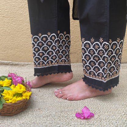 Black cotton pants with fish scale and flower design in Beige and White Chikankari