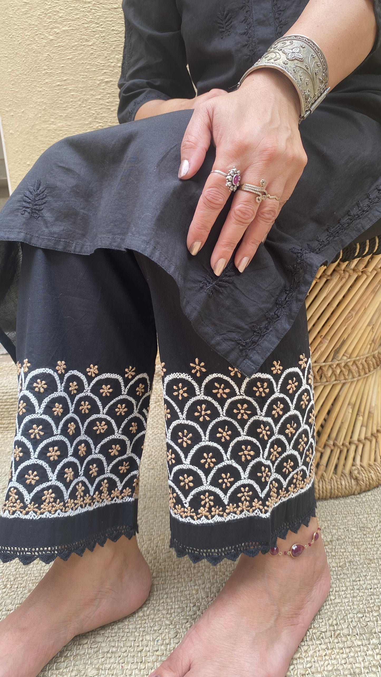 Black cotton pants with fish scale and flower design in Beige and White Chikankari