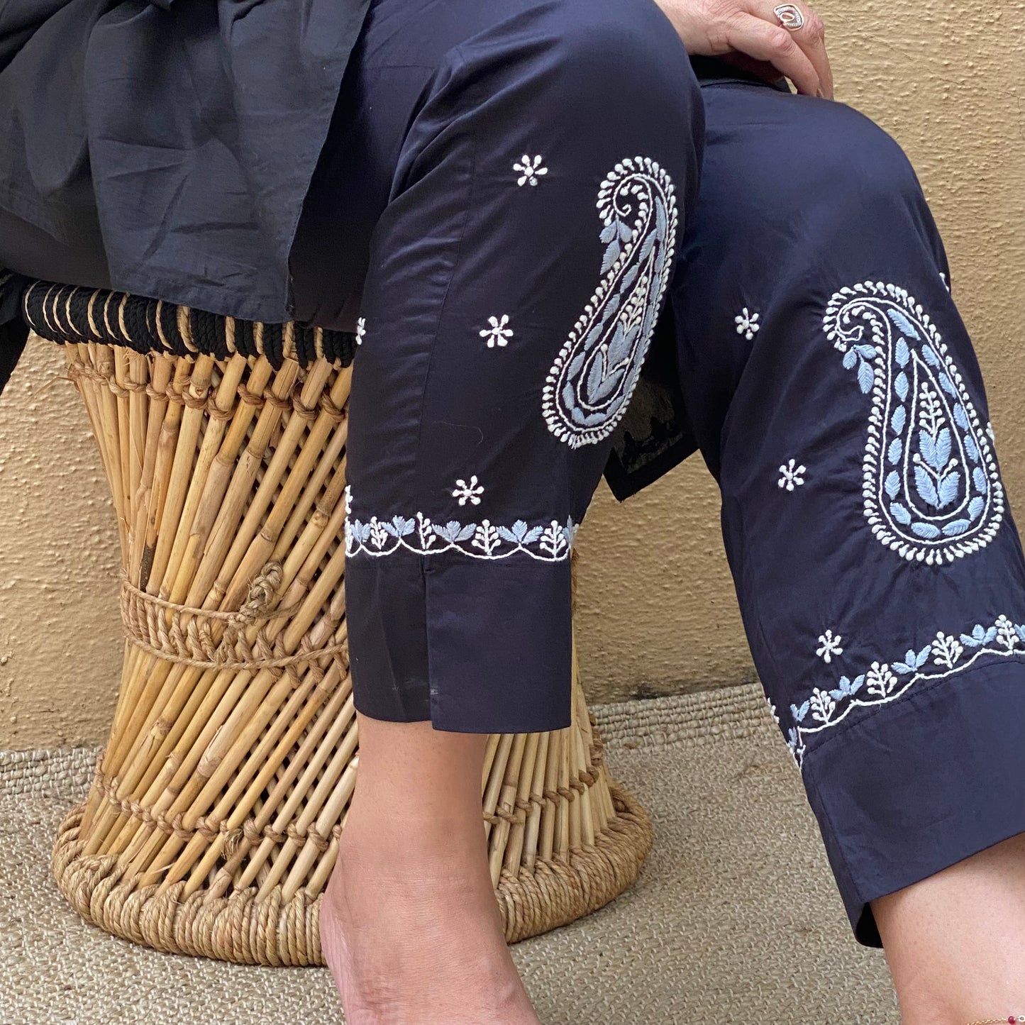 Black cotton straight pants with white chikankari embroidery