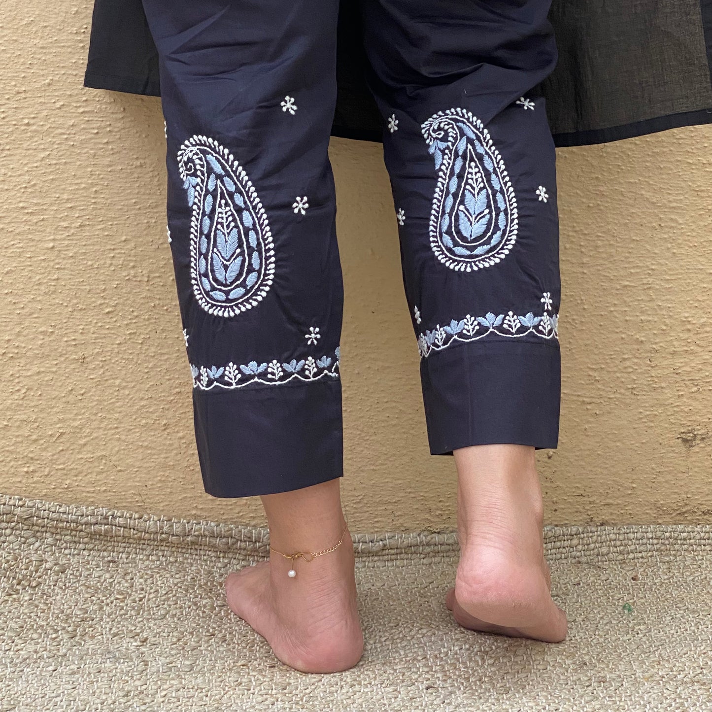 Black cotton straight pants with white chikankari embroidery