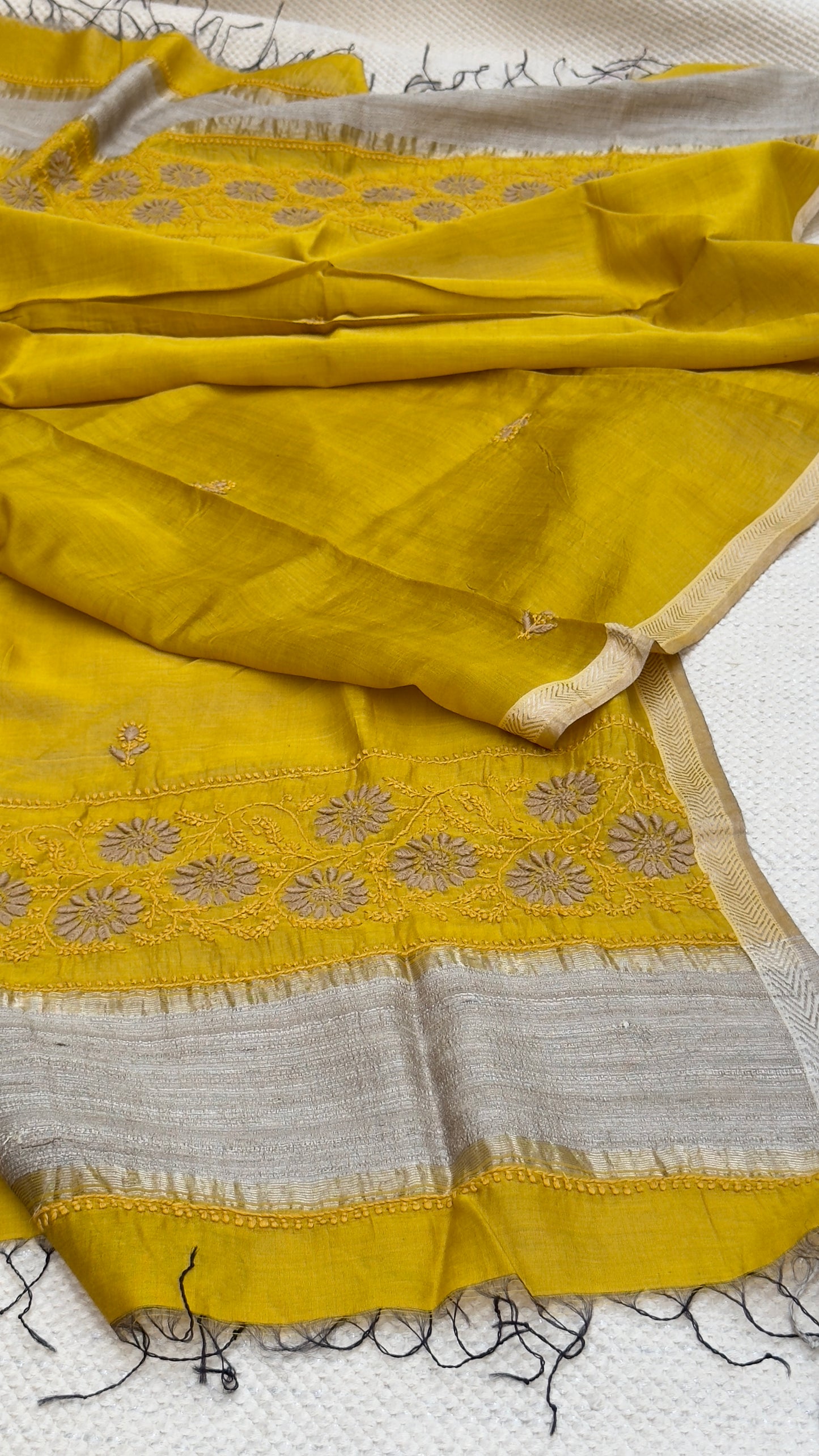 Dupatta mustard yellow in Maheshwari silk cotton with handmade Chikankari