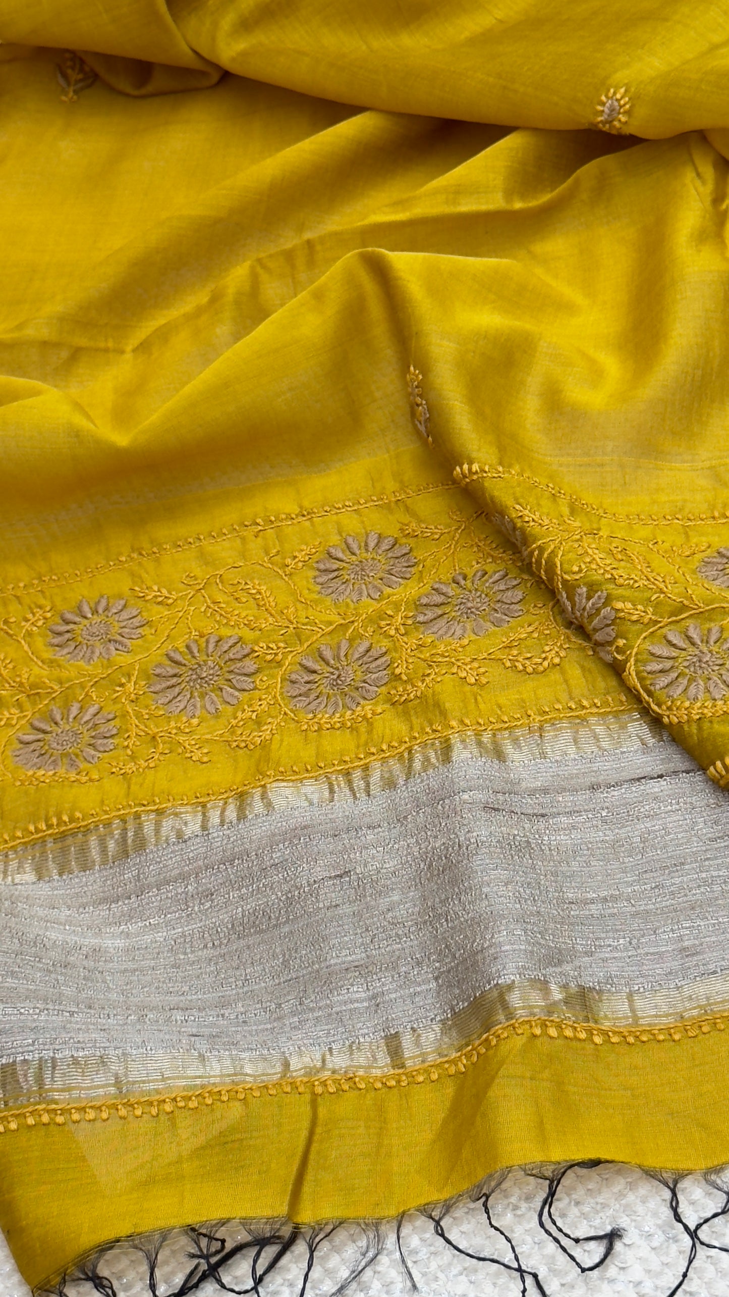 Dupatta mustard yellow in Maheshwari silk cotton with handmade Chikankari