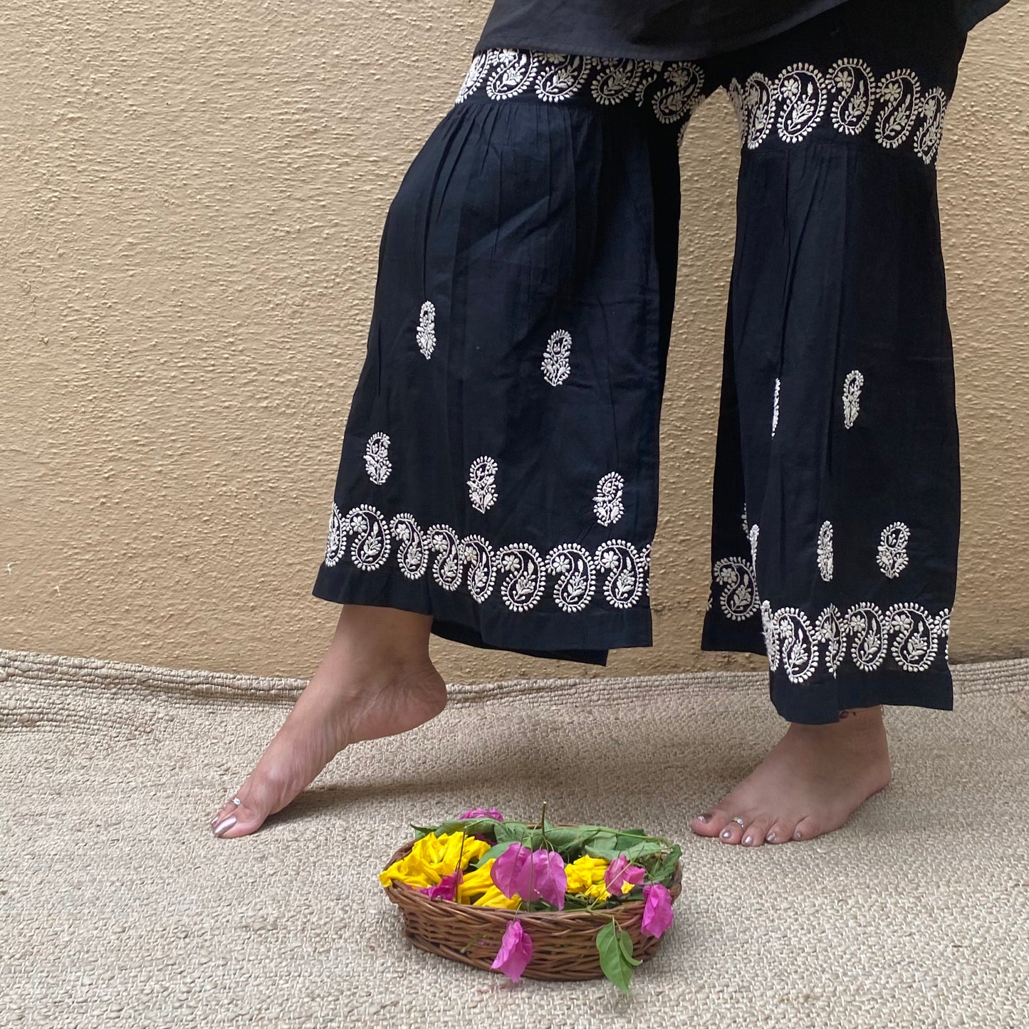 Black cotton sharara pants with white chikankari embroidery