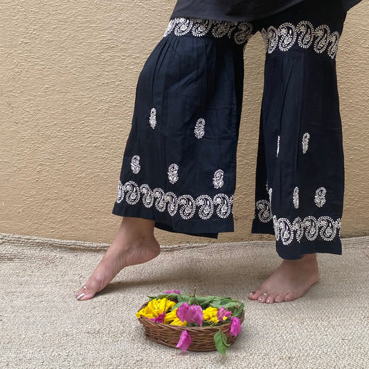 Black cotton sharara pants with white chikankari embroidery